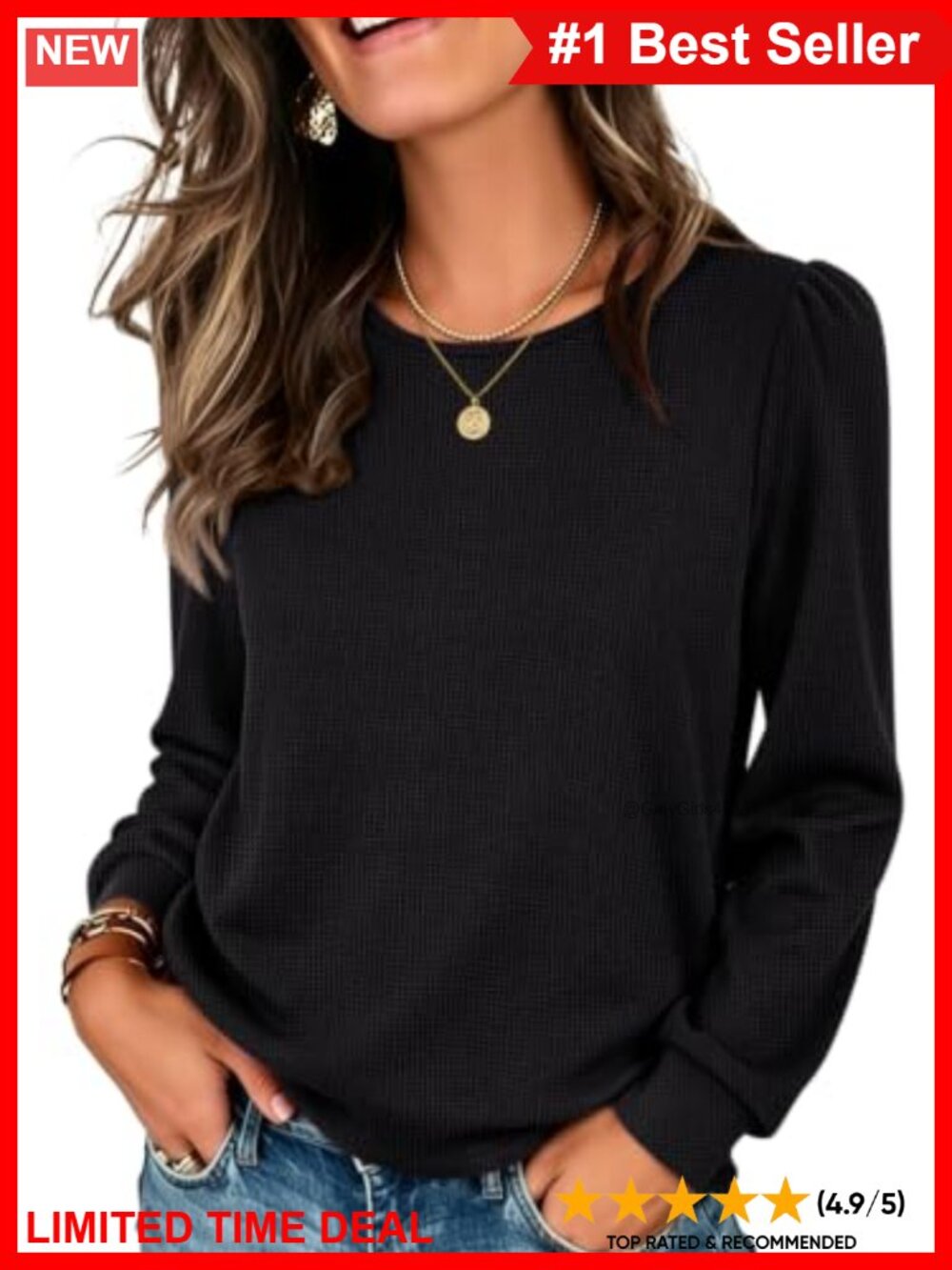 Waffle Knit Long Sleeve Tunic Top Loose Fit Crewneck Casual